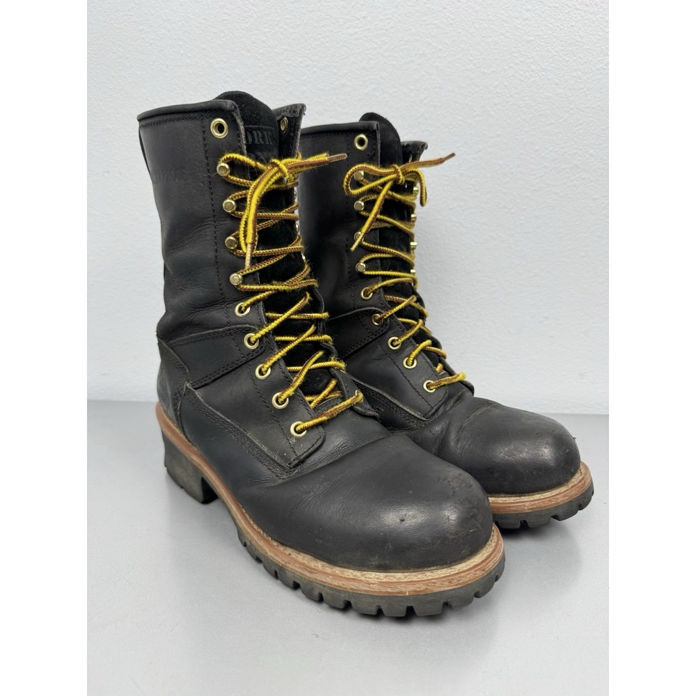 Work Zone Logger Boots Mens 8 Black Leather Waterproof Lace S950 Steel Toe 10"